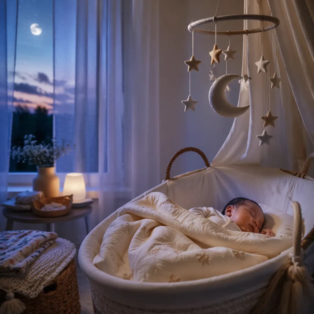 Sleeping baby in a softly lit twilight nursery with moon and star decor.