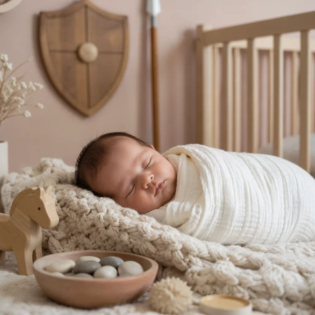 Sleeping newborn in a warm pastel nursery with gentle symbolic accents of strength.