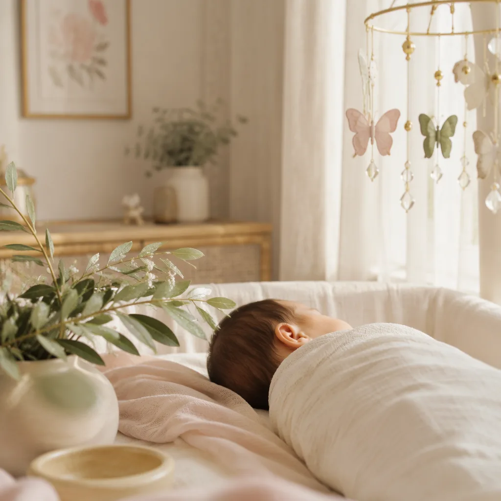 Soft pastel Arabic nursery scene with a swaddled baby, olive leaves, flowers, and a butterfly mobile.