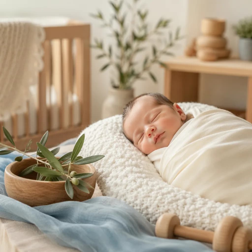 Peaceful swaddled baby in a soft pastel nursery with olive branch and river-inspired accents.