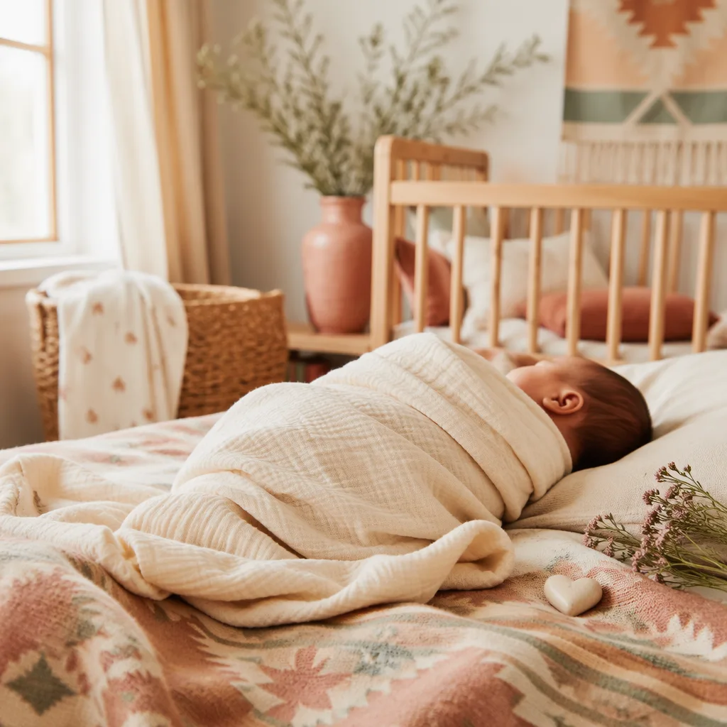 Peaceful newborn in a warm pastel nursery with woven accents and soft natural light.