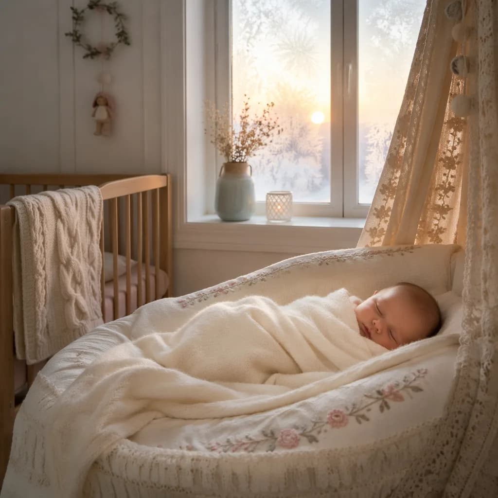 Sleeping baby in a cozy pastel nursery with sunrise light and frosted window.