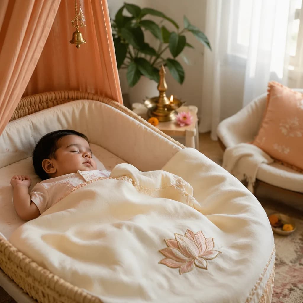 Sleeping baby in a soft pastel nursery with gentle Indian-inspired decor.