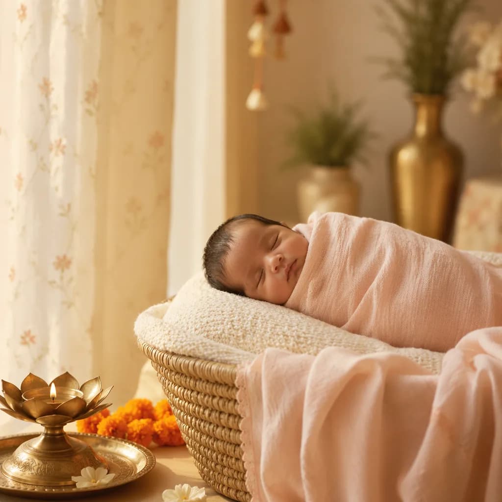 Peaceful baby in a warm pastel nursery with subtle Indian-inspired decor.