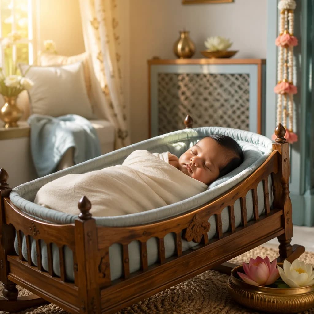 Sleeping baby in a cozy pastel nursery with soft blue and golden accents.