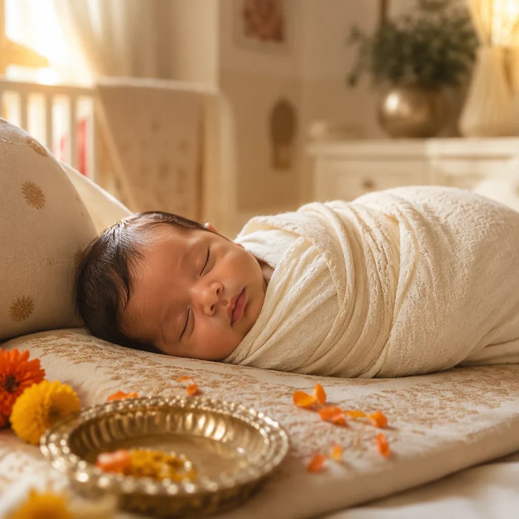 Peaceful swaddled baby in a softly lit pastel nursery with subtle Indian-inspired details.