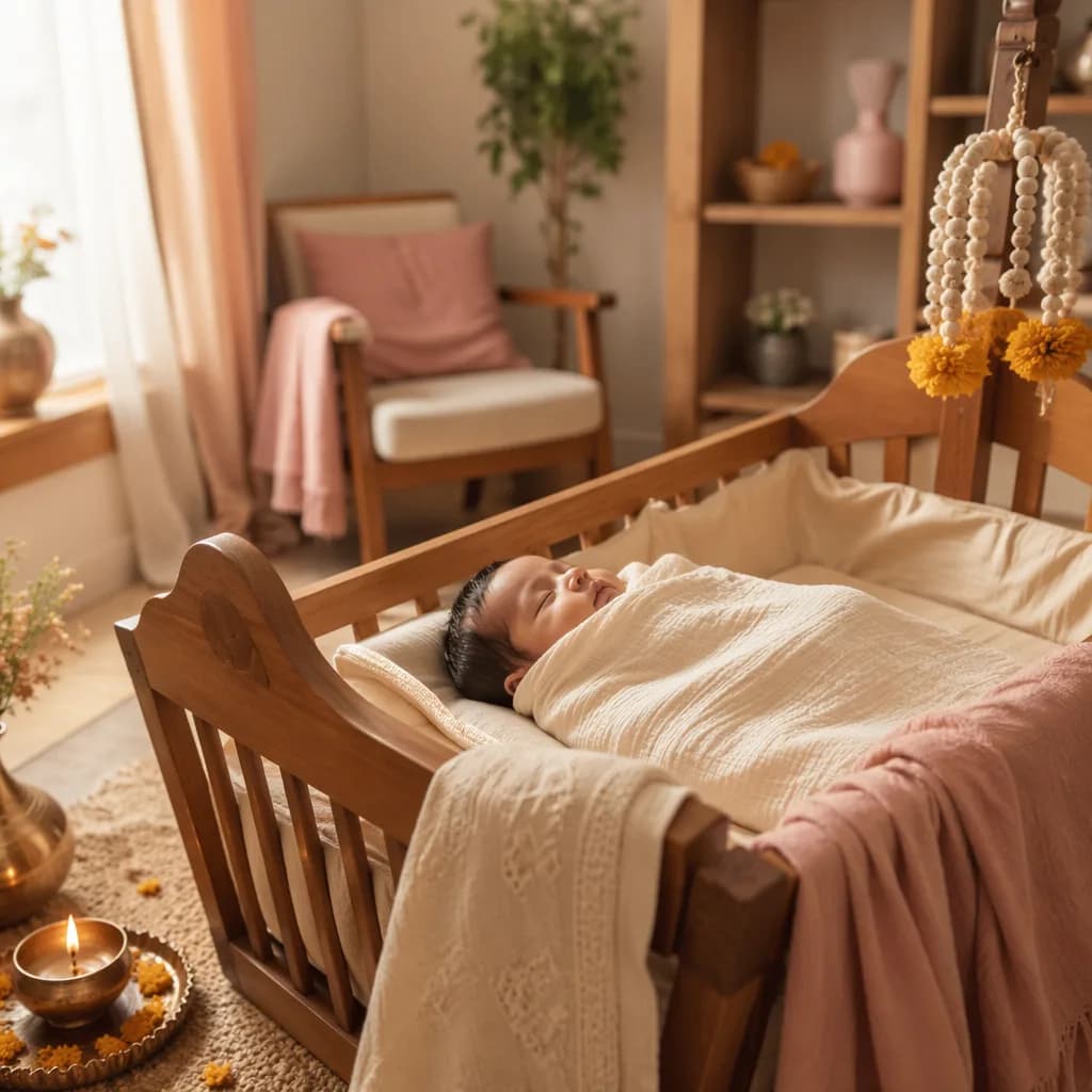 Peaceful baby in a soft pastel nursery with gentle Indian-inspired decor.