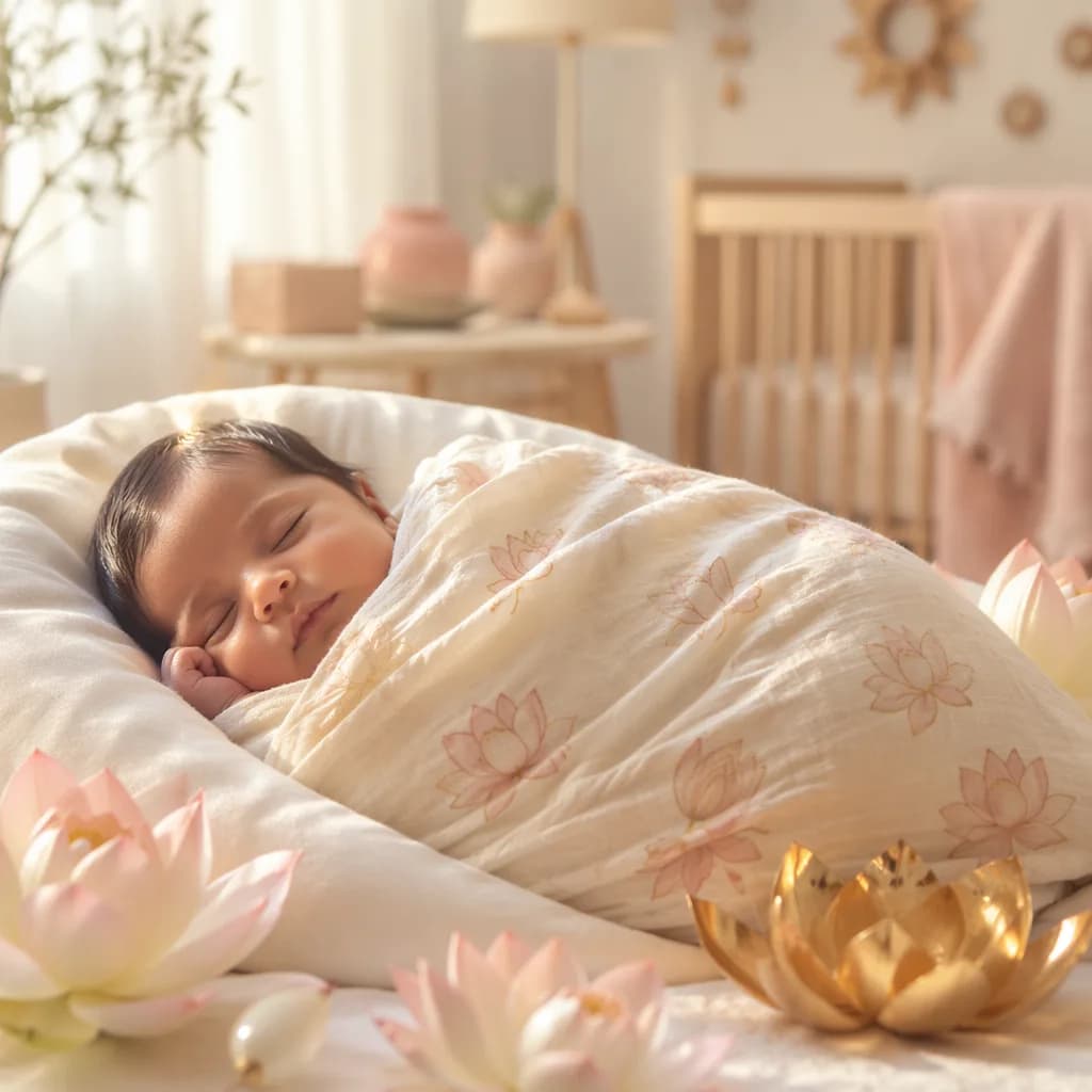 A peaceful sleeping baby in a soft pastel nursery with lotus flowers and golden accents.