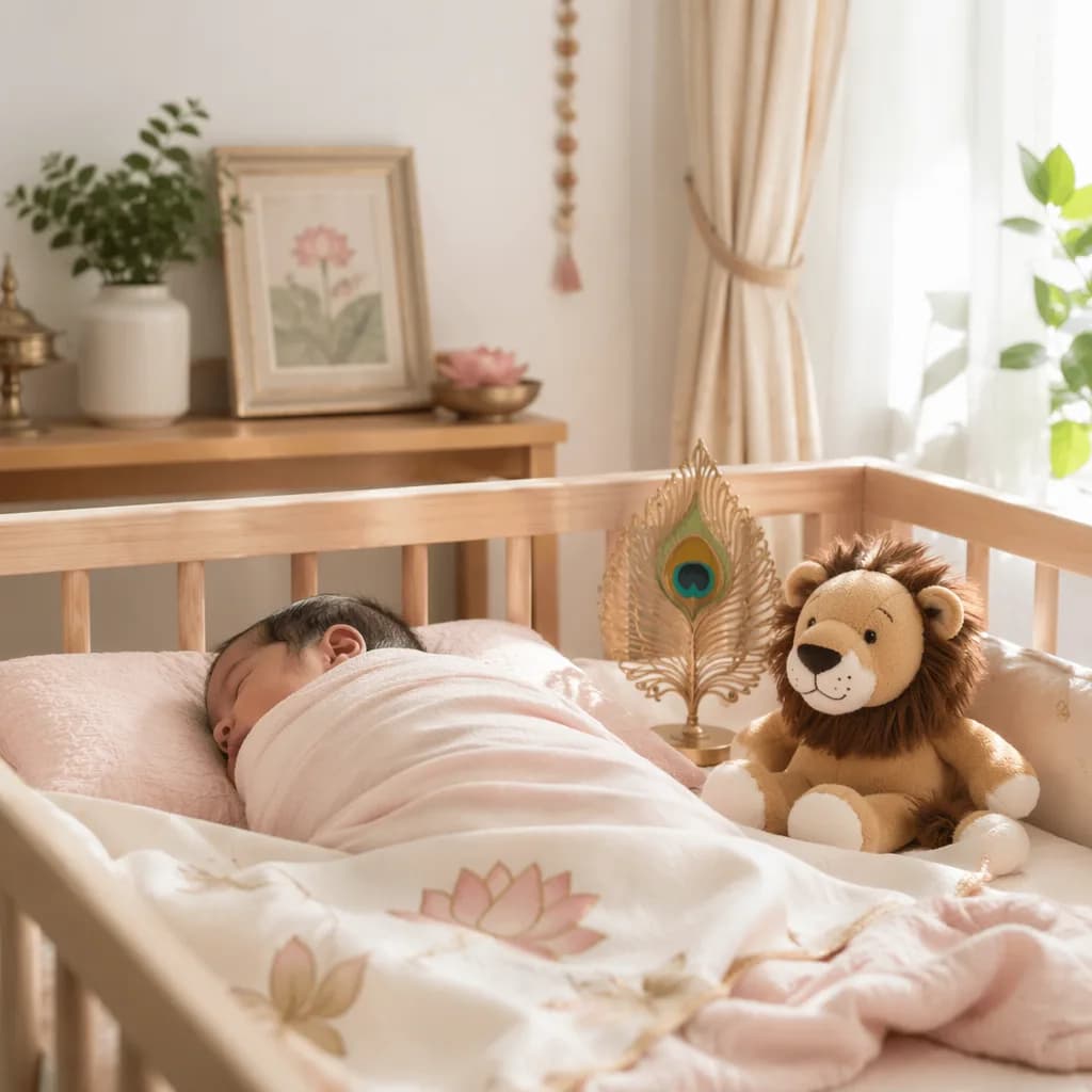 A serene pastel nursery scene with a sleeping swaddled baby, lotus decor, peacock-inspired accent, and lion plush.