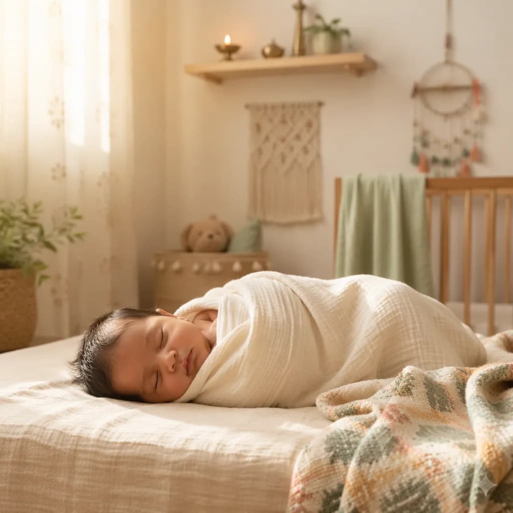 A peaceful swaddled baby in a softly lit modern nursery with warm Indian-inspired decor.