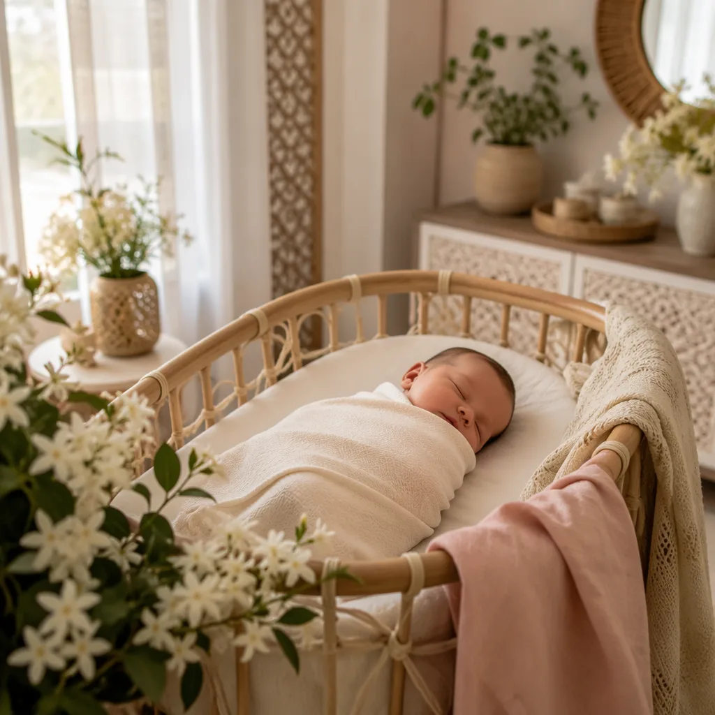 Peaceful swaddled newborn in a soft Arabic-inspired nursery with jasmine flowers.
