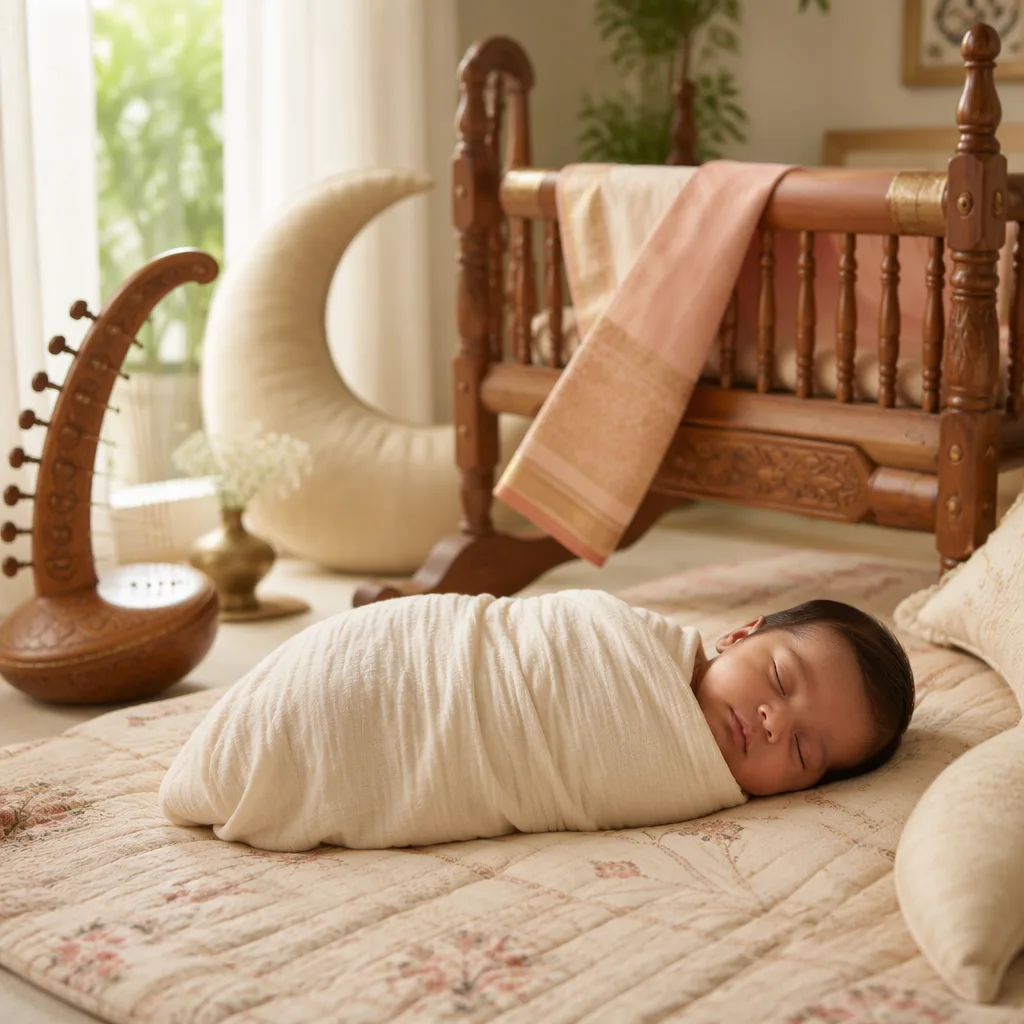 Sleeping Tamil baby in a soft nursery with moon decor and a yaazh-inspired keepsake.