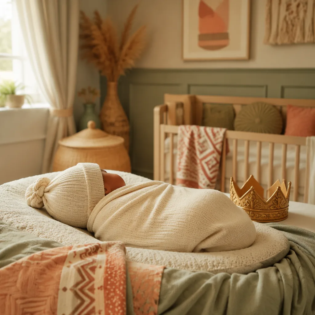Sleeping newborn in a soft Yoruba-inspired nursery with warm pastel decor and a small crown ornament.