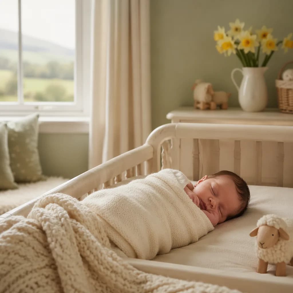 Sleeping newborn in a cozy Welsh-inspired nursery with soft blankets, daffodils, and a wooden sheep toy.
