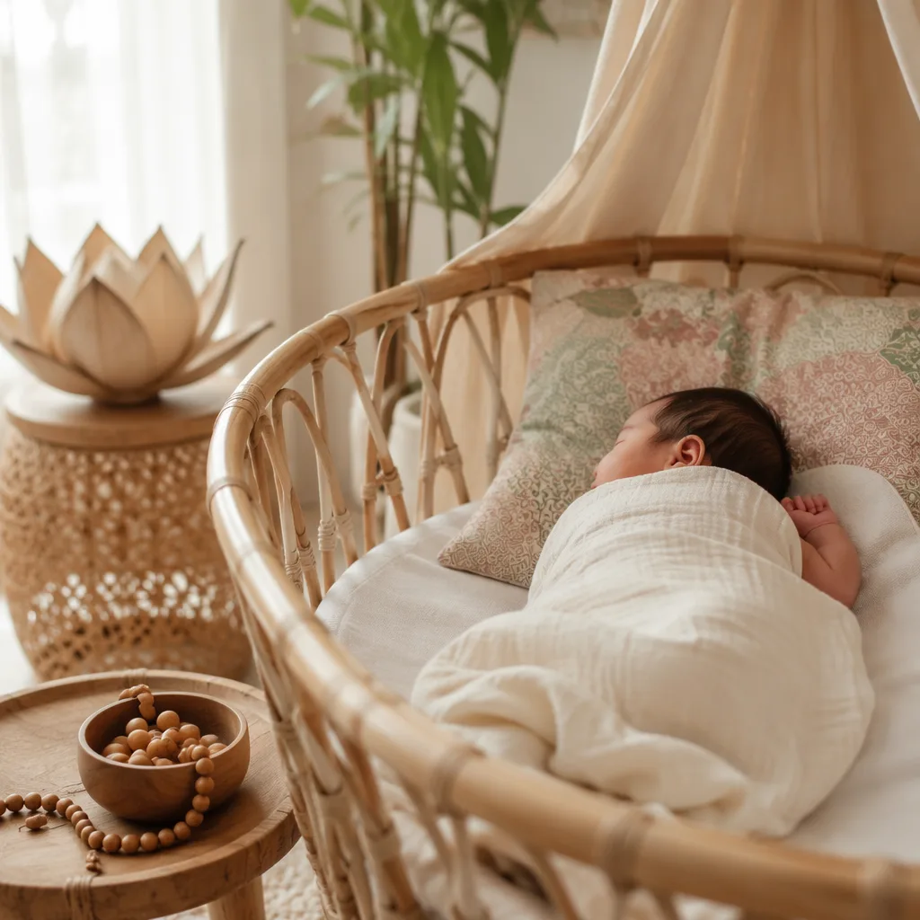 Sleeping baby in a soft Indonesian-inspired nursery with rattan and pastel batik accents.