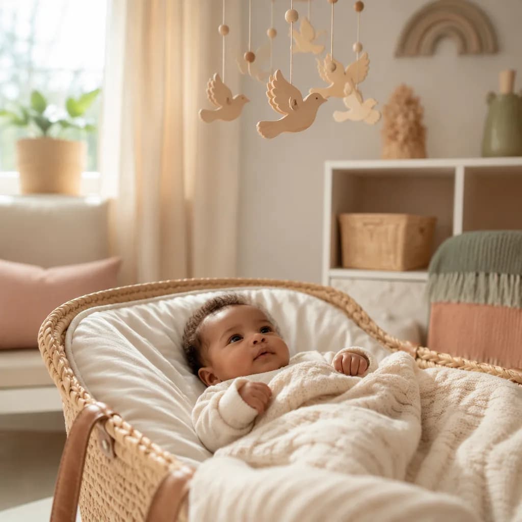 Peaceful Ethiopian baby in a soft pastel nursery with a dove mobile.