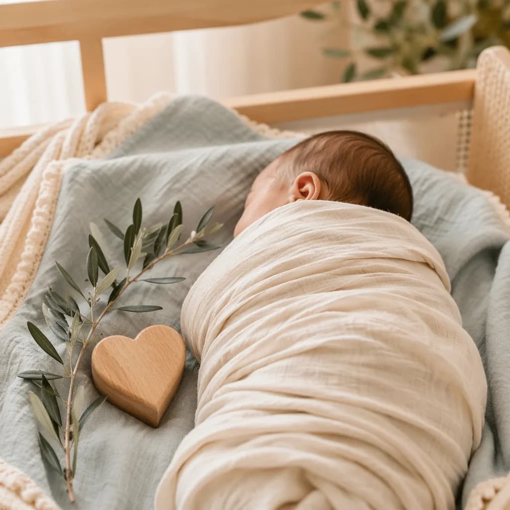 A swaddled newborn in a soft pastel nursery beside a wooden heart and olive branch.