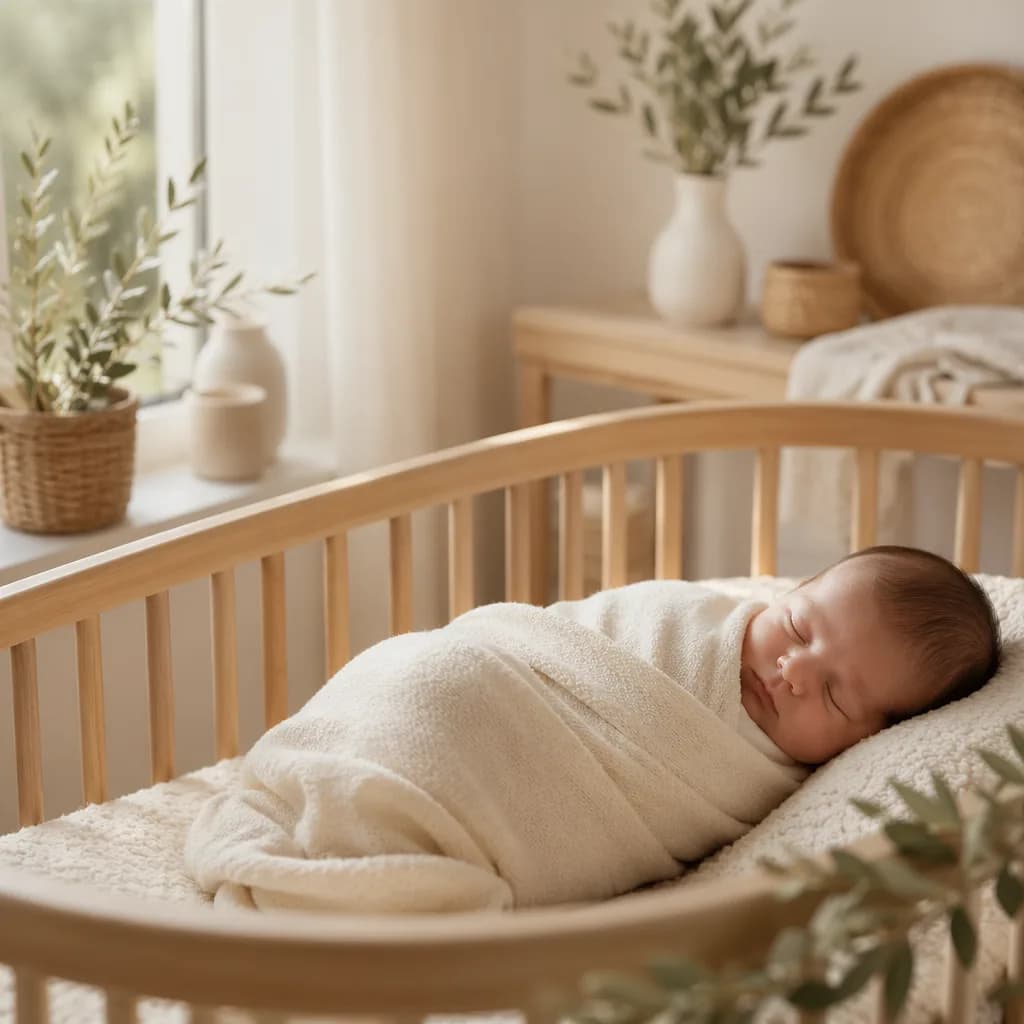 A peaceful newborn in a soft cream swaddle in a warm, modern nursery with olive branch accents.