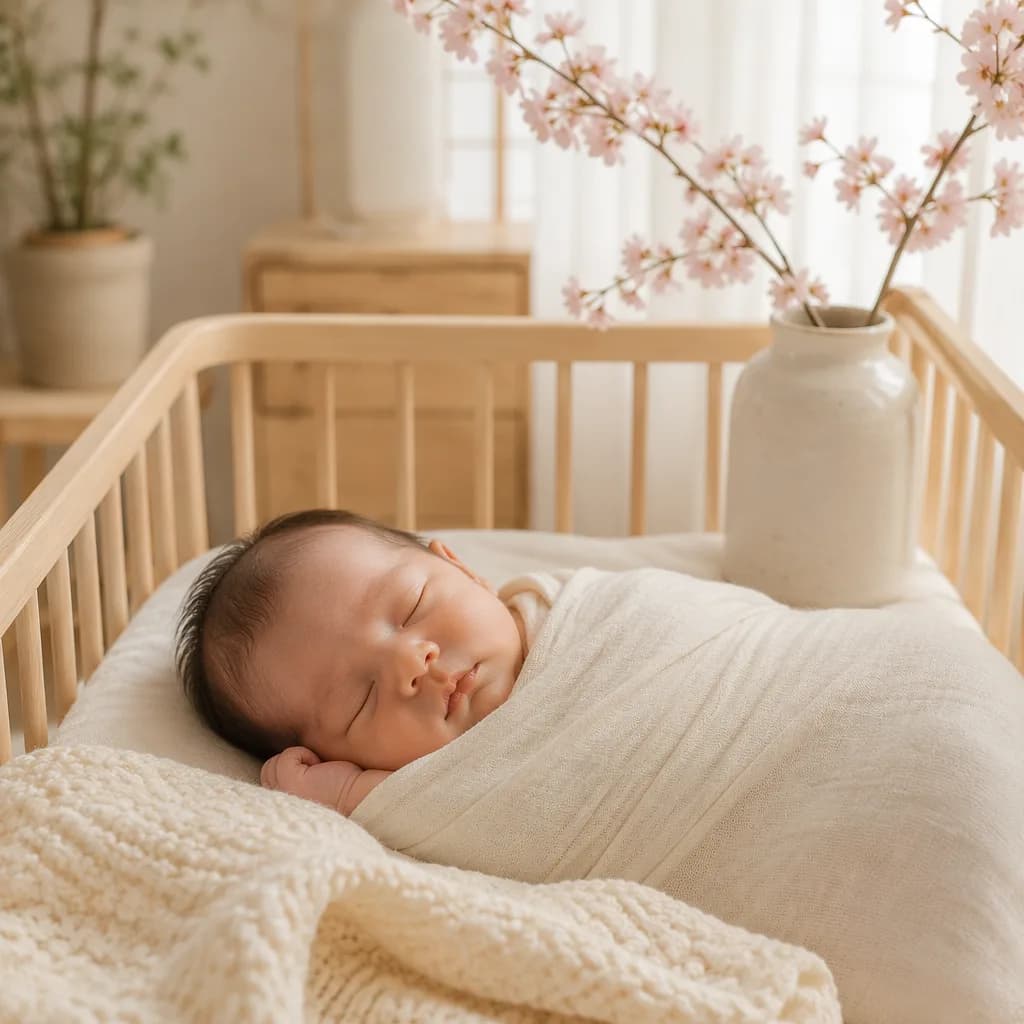 Sleeping newborn in a soft Japanese-inspired nursery with cherry blossoms and warm natural light.