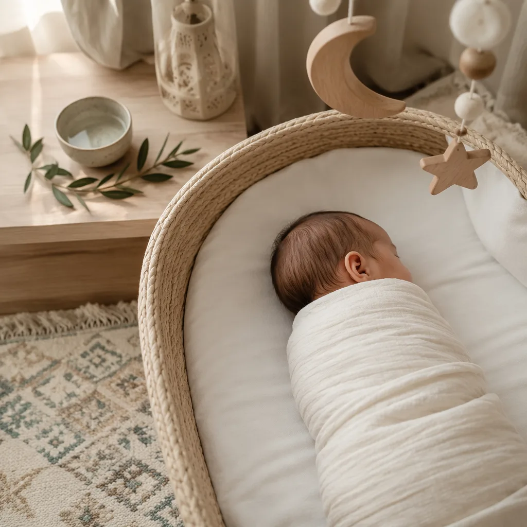 A softly lit Arabic-inspired nursery with a swaddled sleeping baby, crescent mobile, and gentle pastel decor.