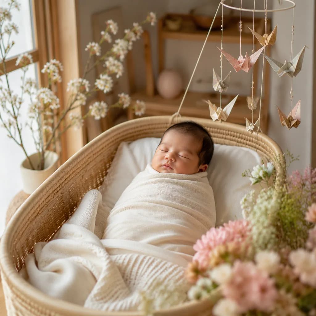 A softly lit Japanese-inspired nursery with a swaddled newborn, pastel flowers, and an origami crane mobile.