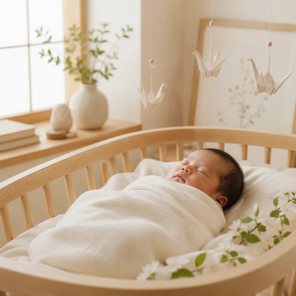 Sleeping newborn in a soft Japanese-inspired nursery with snowy white accents.