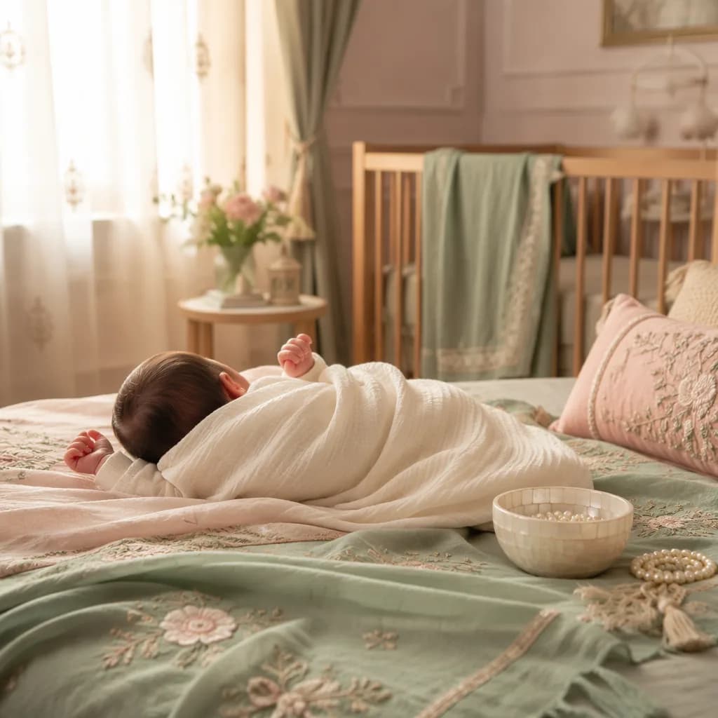 A peaceful pastel nursery with a swaddled newborn and delicate pearl accents in soft natural light.