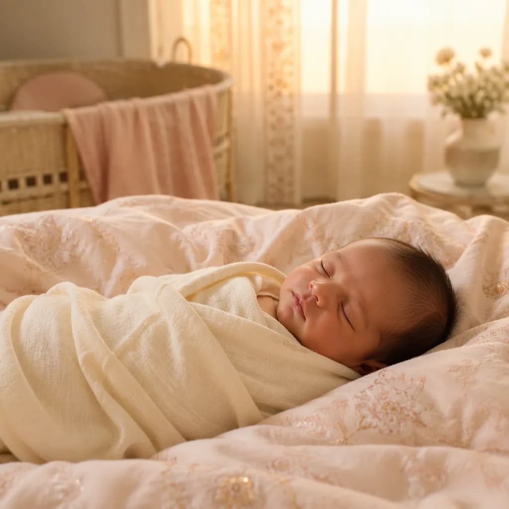 A swaddled newborn sleeping in a softly lit nursery at dawn.