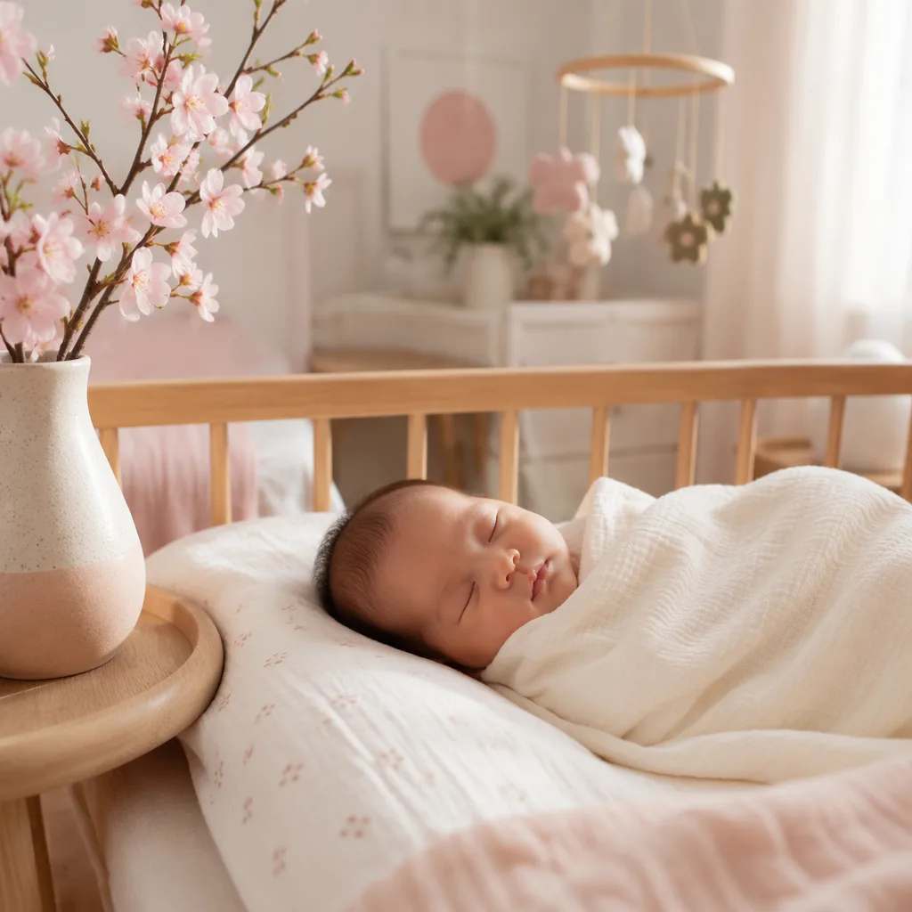 Soft Japanese-inspired nursery with a swaddled sleeping baby and pastel cherry blossoms.