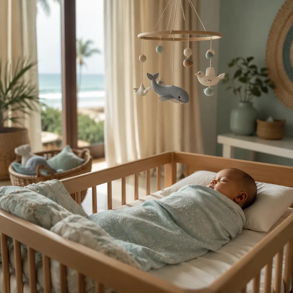 Sleeping baby in a soft coastal-inspired nursery with a whale and dove mobile.