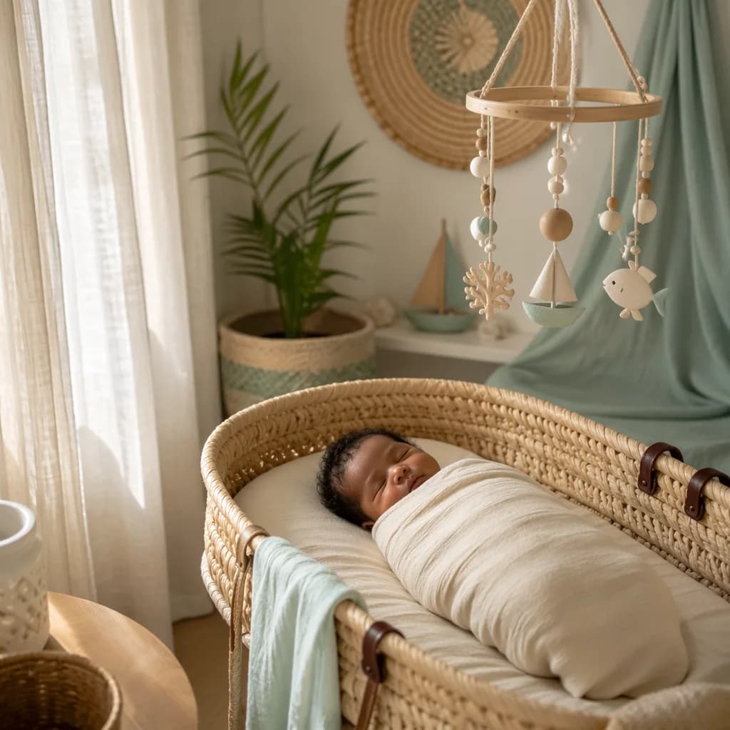 Sleeping swaddled newborn in a soft Swahili-inspired nursery with woven decor and gentle natural light.