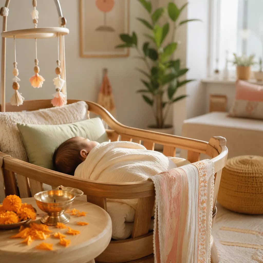 Peaceful baby in a soft pastel nursery with subtle Indian decor.