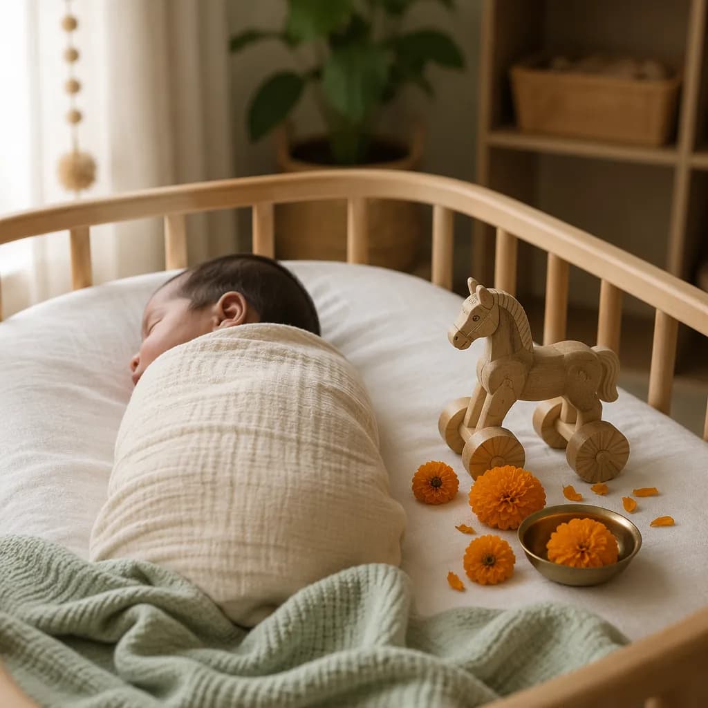 A softly lit pastel nursery with a swaddled baby, marigold flowers, and a wooden toy horse.