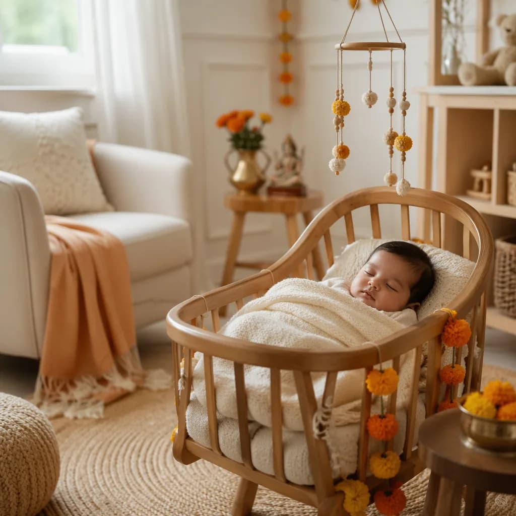 Peaceful Indian baby in a warm pastel nursery with soft cultural accents.