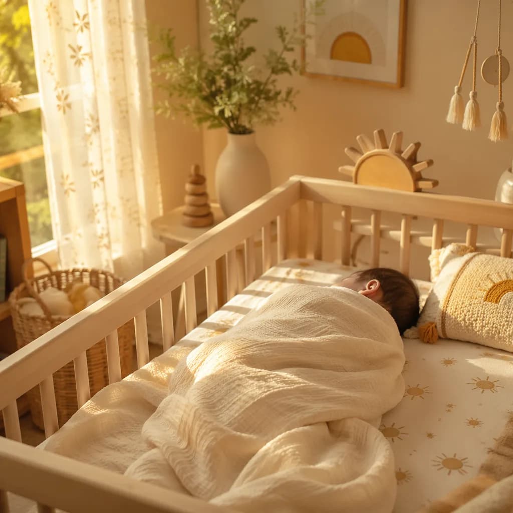 A peaceful baby nursery glowing with soft morning sunlight.