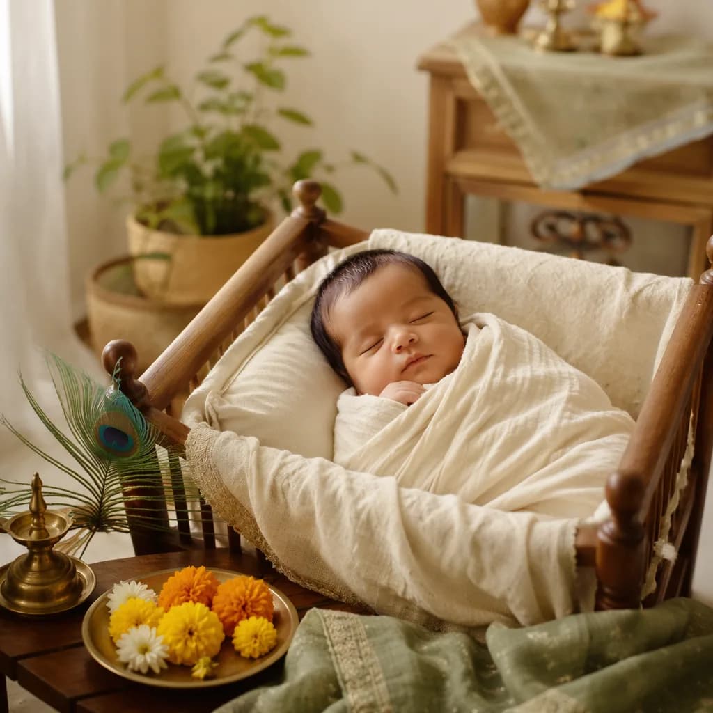 Sleeping baby in a soft pastel nursery with subtle Sanskrit-inspired decor.