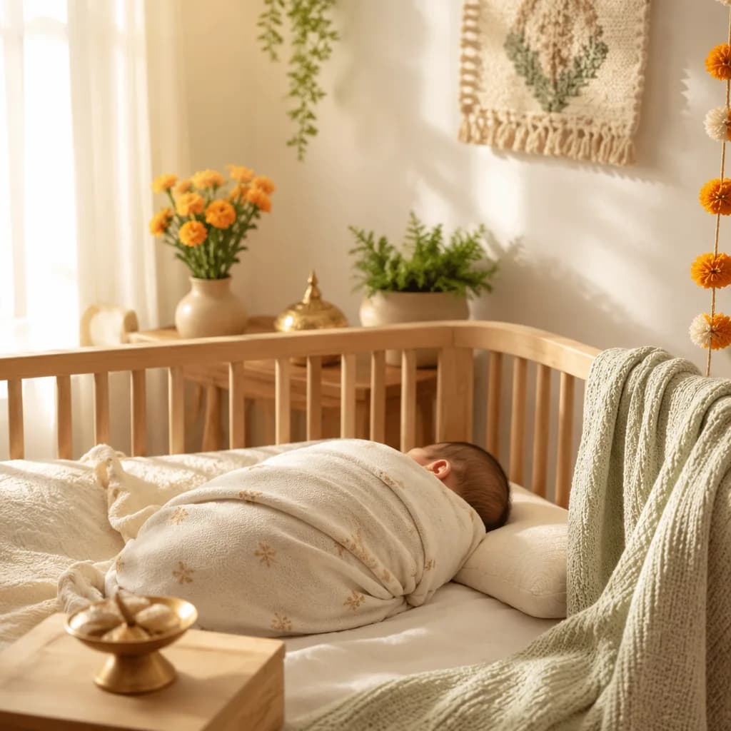 Sleeping baby in a warm pastel nursery with gentle golden light and subtle Indian-inspired decor.