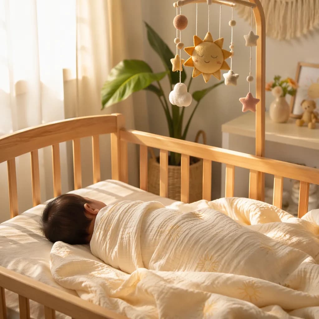 Peaceful baby in a sunlit pastel nursery with warm golden accents.