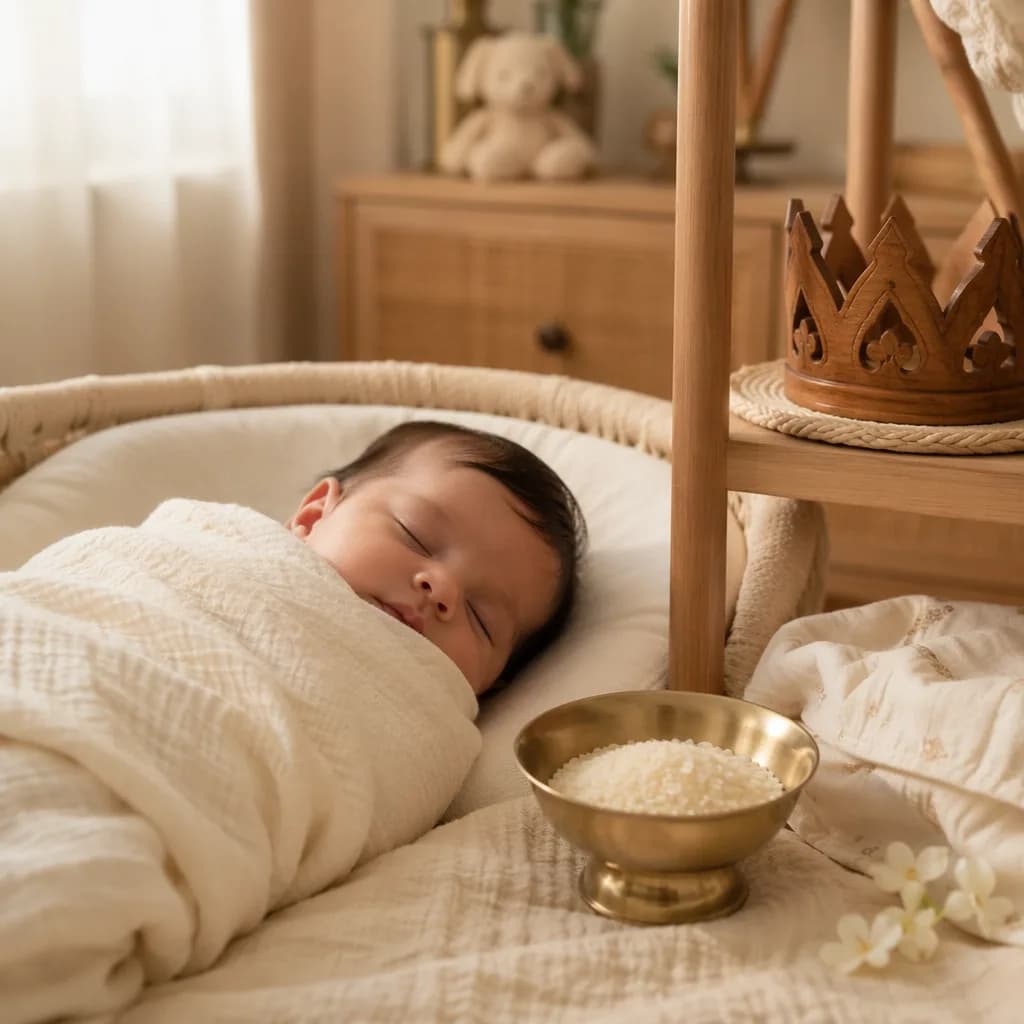 Sleeping baby in a soft pastel nursery with a wooden crown and sacred rice, evoking Yuvraj Akshat.