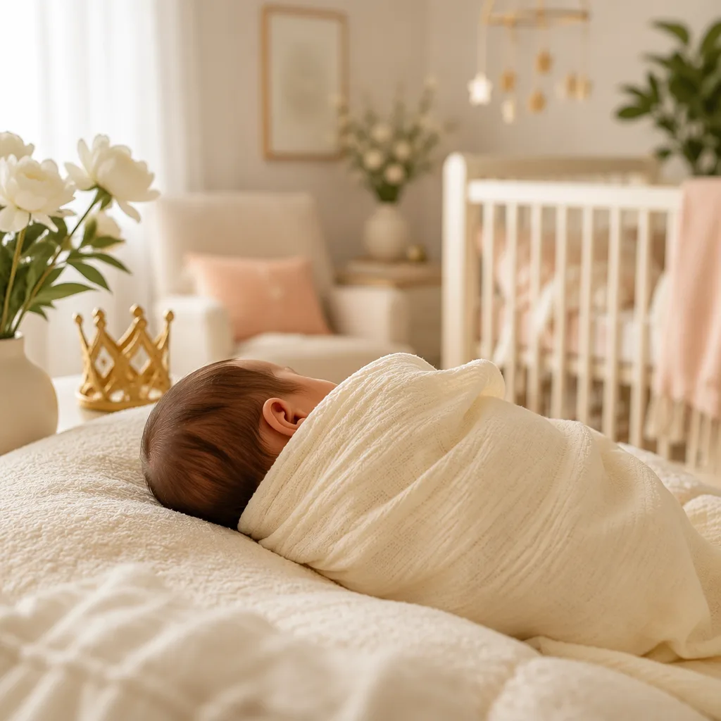 A softly lit newborn in a cozy pastel nursery with white flowers and warm golden accents.
