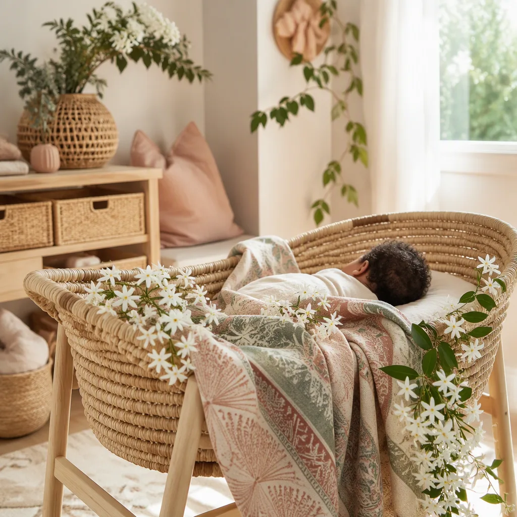 Soft pastel nursery with a sleeping baby in a woven bassinet and delicate white flowers.