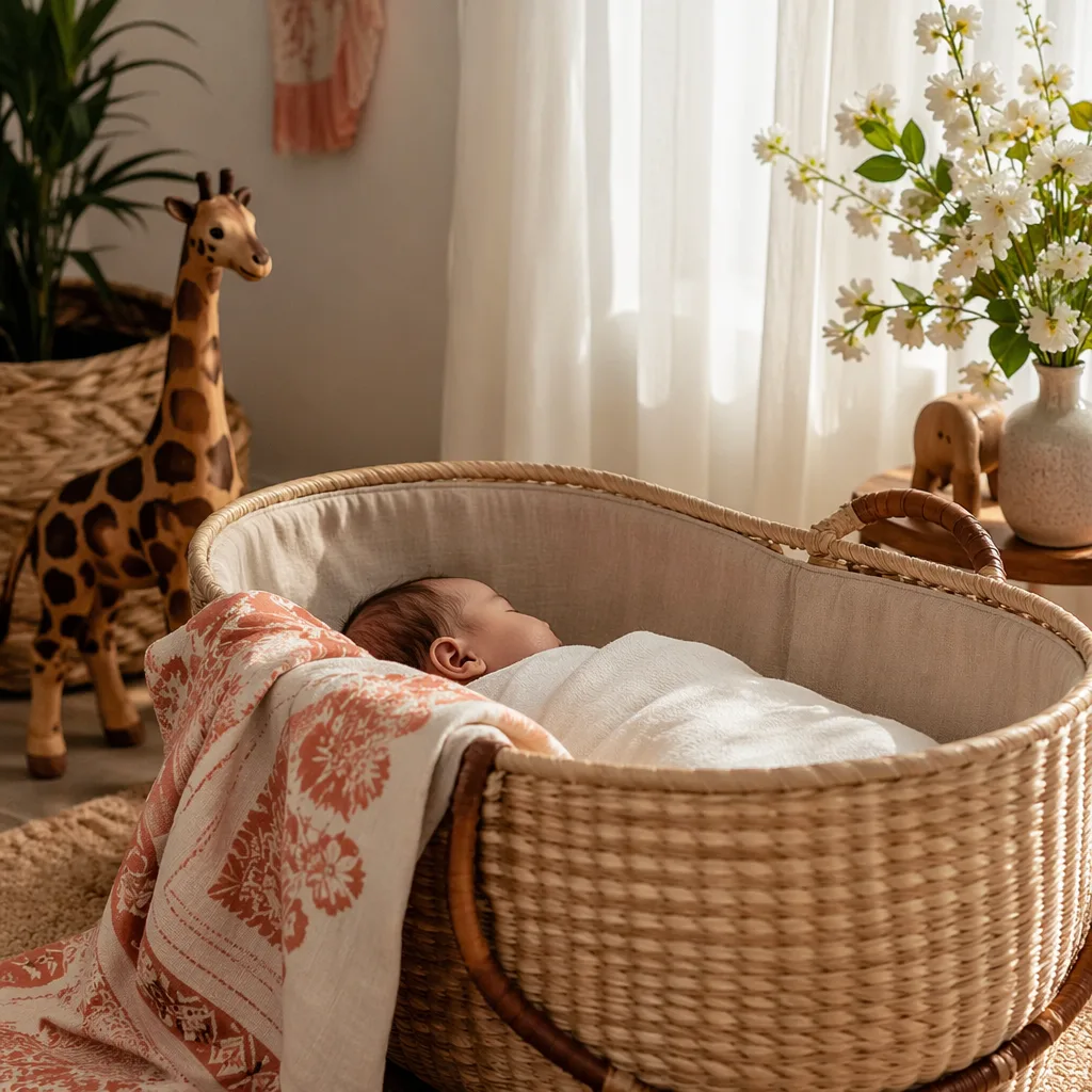 A peaceful baby sleeping in a woven bassinet with soft Swahili-inspired nursery details.