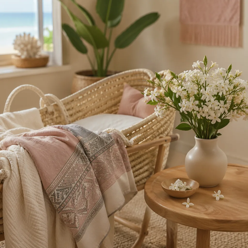 Soft nursery still-life with a bassinet, pastel linens, kanga cloth, and white blossoms.
