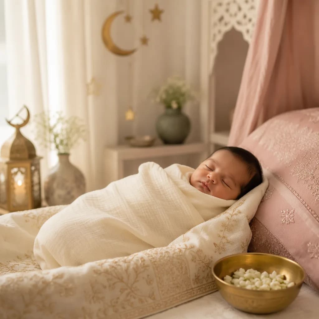 Sleeping baby in a soft pastel Urdu-inspired nursery with jasmine and cozy decor.