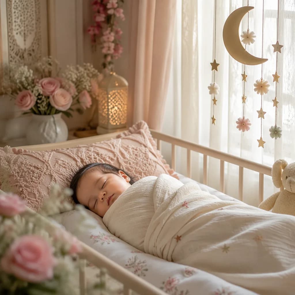 A serene pastel nursery scene with a swaddled sleeping baby, soft florals, and a crescent moon mobile.