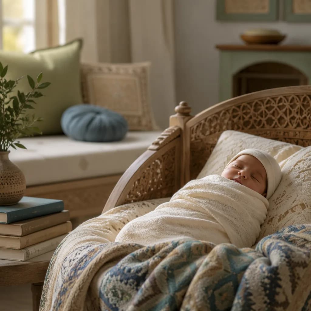 A peaceful swaddled newborn in a soft pastel nursery with woven cultural accents.