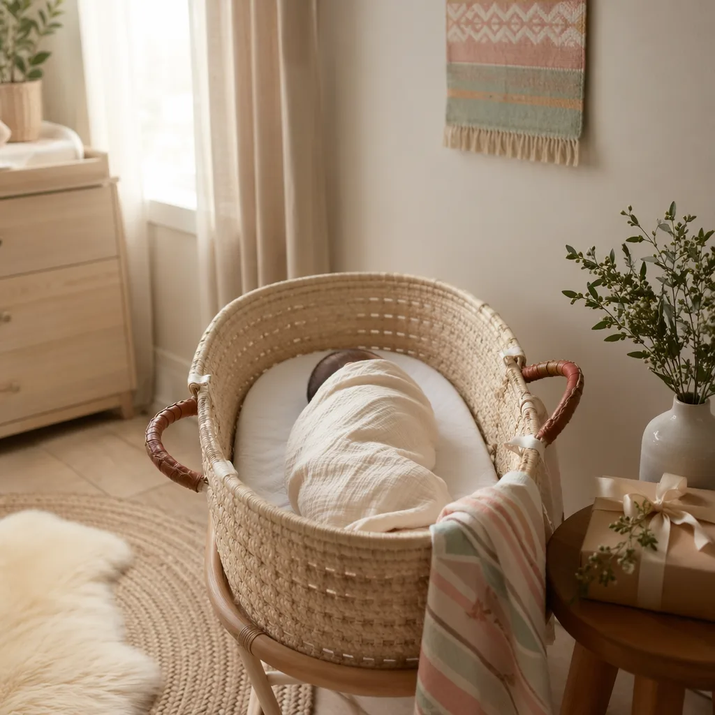 A softly lit nursery with a swaddled baby in a woven bassinet, symbolizing a graceful gift.