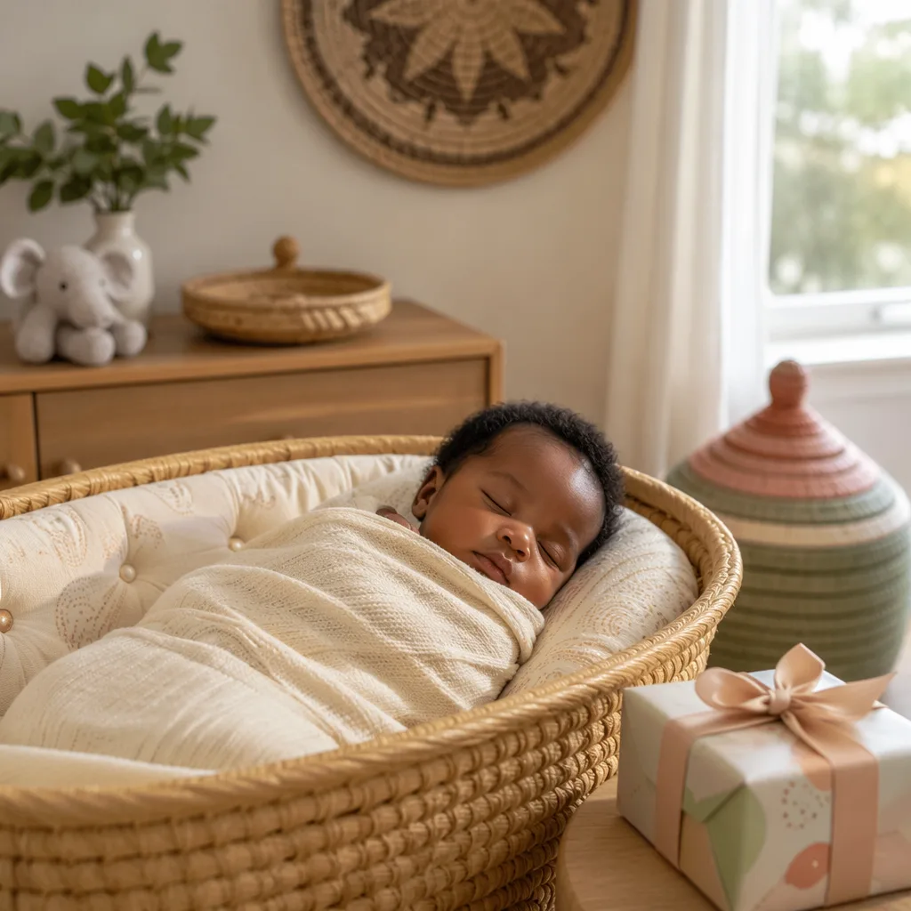 A softly lit nursery scene with a swaddled baby and a small gift box, evoking the meaning of Zawadi.
