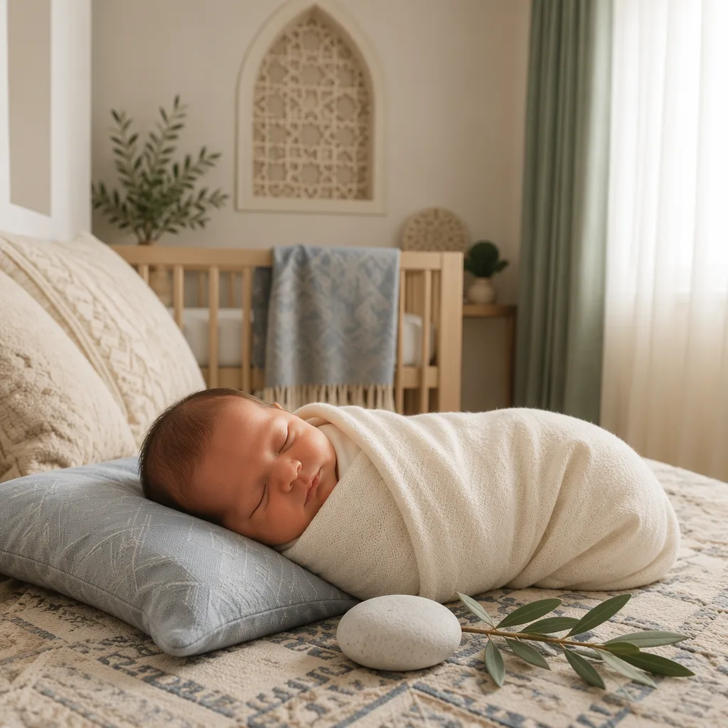 A softly lit cozy nursery with a swaddled sleeping newborn and gentle Arabic-inspired decor.