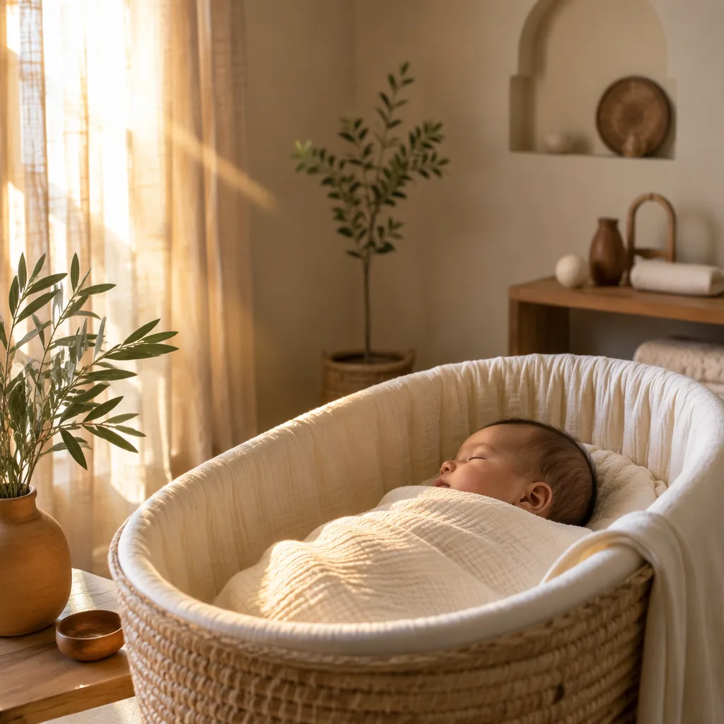Sleeping baby in a soft Arabic-inspired nursery with olive branch, plant, and warm sunlight.